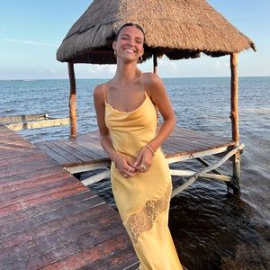 Yellow lace satin cowl dress